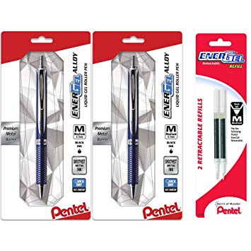 PENTEL EnerGel Alloy RT Retractable Liquid Gel Pen.7mm, Blue Barrel, Black Ink 2 Each (BL407CA) with 2 Black Ink Refill