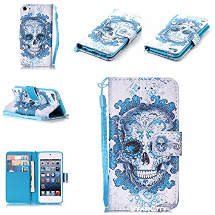 iPod Touch 5th / 6th Generation Case, StarCity PU Leather Flip Cover Wallet Case with Card Holder & Stand For iPod Touch 6 & iPod Touch 5 (Skull Blue)