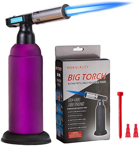 Butane Torch, JUN-L Big Blow Torch Refillable Cooking Torch Lighter, Adjustable Flame for Desserts, BBQ, Soldering with Safety Lock (Purple)