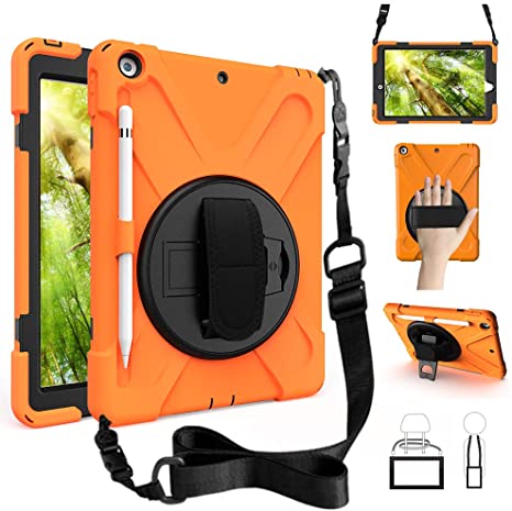 ZenRich New iPad 8th Generation Case iPad 7th Generation 10.2 Case with Pencil Holder Kickstand Hand Strap and Shoulder Strap, zenrich Case for iPad 10.2 inch 2019 A2197/A2198/A2199/A2200-Orange