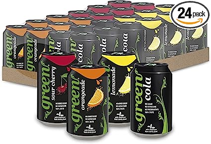 Green Cola Soft Drinks - Mixed Case / Variety Pack of 24 cans, No Aspartame, Low Calorie Sparkling Soft Drinks - Cola, Lemonade, Orangeade, Sour Cherry Flavours, 4x6x330ml