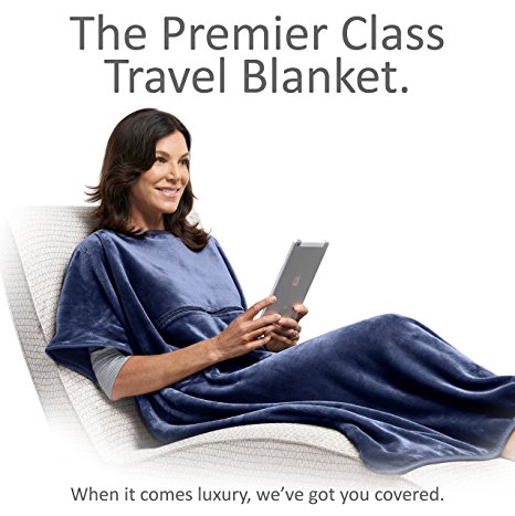 Travelrest 4-in-1 Premier Plus Travel Blanket with Pocket - Covers Shoulders - Plush, Soft and Luxurious - Built-In Stuff Sack (Navy)