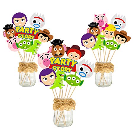 Ticiaga Toy 4 Party Favors, 30pcs Toy 4th Party Centerpiece Sticks Table Toppers for Birthday Party Decoration, Double Sided Party Photo Booth Props Mix of Fork, Woody, Buzz Lightyear Cake topper