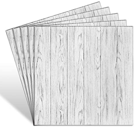Cosaving 3D Wall Panels Peel and Stick 5 Pack, Wall Panels for Interior Wall Decor, Self-Adhesive Foam Wall Tiles Wood for TV Background Walls Bedroom, 5 Pack - 5.3 Sq.Ft, White Wood