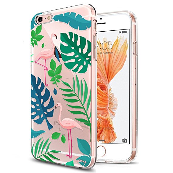 iPhone 6S Case Floral, Crystal Clear with Design Summer Flamingo and Palm Flowers Bumper Protective Case for Apple iPhone 6 6S 4.7 Inch Soft Flexible TPU Silicone Slim Shockproof Tropical Flower Cover