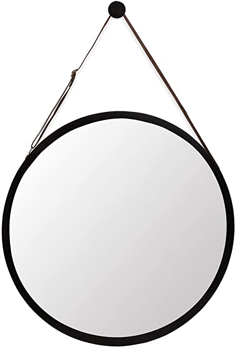 Hanging Round Black Wall Mirror - Circle Bamboo Frame 15 Inch & Adjustable Leather Strap, Makeup Vanity Dressing