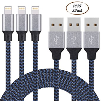 Sundix 3 Pack 10FT Nylon Braided Lightning to USB Cable Fast Sync Charging Cable for iPhone 7, 7Plus, 6s, 6, 6Plus, 6sPlus, iPhone 5s 5 5c SE, iPad, iPod and More