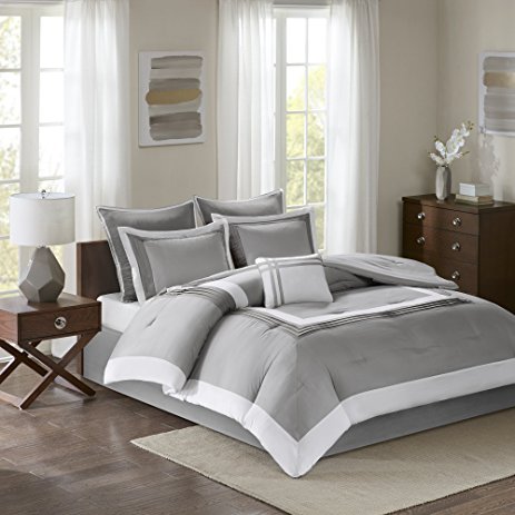 Comfort Spaces - Malcom Comforter Set - 7 Piece – Grey - King Size, Includes 1 Comforter, 2 Shams, 1 Bedskirt, 2 Euro Shams, 1 Decorative Pillow