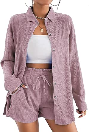 Ekouaer Womens Button Down Lounge Sets Long Sleeve Shirts and Shorts 2 Piece Outfit Set Casual Loungewear with Pockets S-XXL
