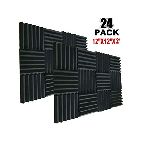 24 Pack Acoustic Foam Panels 2" X 12" X 12" Soundproofing Studio Foam Wedge Tiles Fireproof - Top Quality - Ideal for Home & Studio Sound Insulation (24pack, Black)