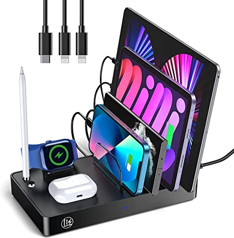 LK Charging Station for Multiple Devices,40W 4 Ports Charging Station Organizer with 3 Cables Included,7 in 1 Fast Charge Multi Device Phone Charging Dock for Phones, Tablets, and Other Electronics