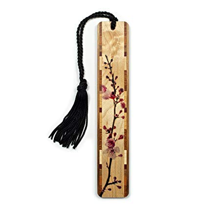 Cherry Blossom - Branch in Color Wooden Hand Made Bookmark on Maple with Black Tassel - Search B072B8LYGG for Personalized version