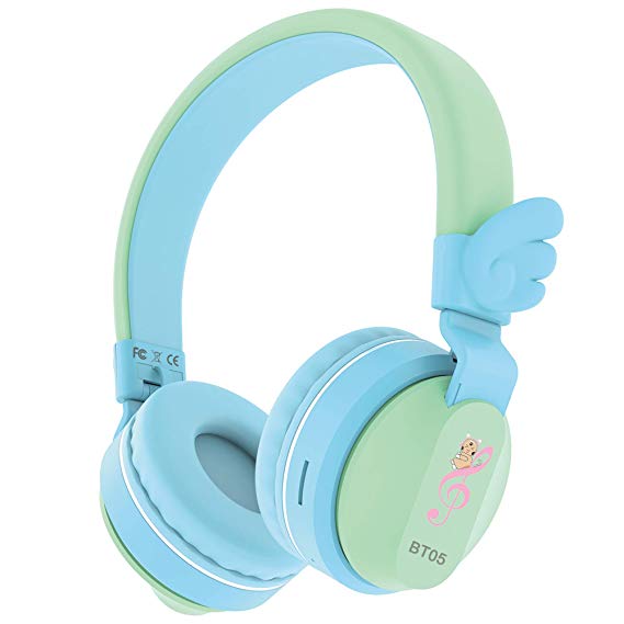 Headphones, Riwbox BT05 Wings Kids Headphones Wireless Bluetooth Over Ear 85dB/103db Volume Control Children Foldable Headphones with Mic/TF Card Compatible for iPad/iPhone/PC/School (Blue&Green)