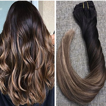 Ugeat 18inch 10Pcs 120Gram Balayage Ombre Color #1B Fading to Color #4 Brown Mixed with #27 Multi Color Full Head Clip in Hair Extensions Human Hair