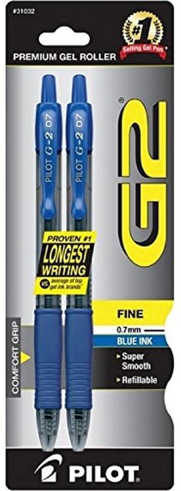 PILOT G2 Premium Refillable & Retractable Rolling Ball Gel Pens, Fine Point, Blue Ink, 2-Pack (31032)