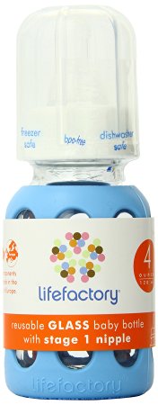 Lifefactory 4-Ounce BPA-Free Glass Baby Bottle with Protective Silicone Sleeve and Stage 1 Nipple, Sky Blue