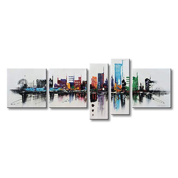 Winpeak Art Modern Contemporary Cityscape Artwork Hand Painted Abstract Pictures Stretched Wood Framed Oil Paintings on Canvas Wall Art Décor for Living Room 52"W x 32"H (12"x12" x3pcs, 8"x24" x2pcs)