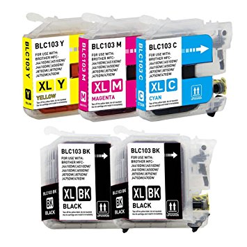 G&G compatible with Brother LC103 Ink Cartridges [XL Series, High Yield] Black, Cyan, Magenta & Yellow Color - 5 Pack - for Brother MFC-J870dw, MFC-J870dw, MFC-J650dw, MFC-J470dw, MFC-J4610dw, MFC-J4510dw, MFC-J4410dw Printers