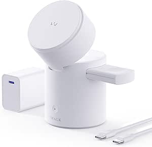 iWALK 3 in 1 Wireless Charging Stand with Auto Rotation, Charging Station with Magnet for Apple Devices, 15W Foldable Wireless Charger Station for iPhone 16 15 14 13 12 & Apple Watch & Airpods, White