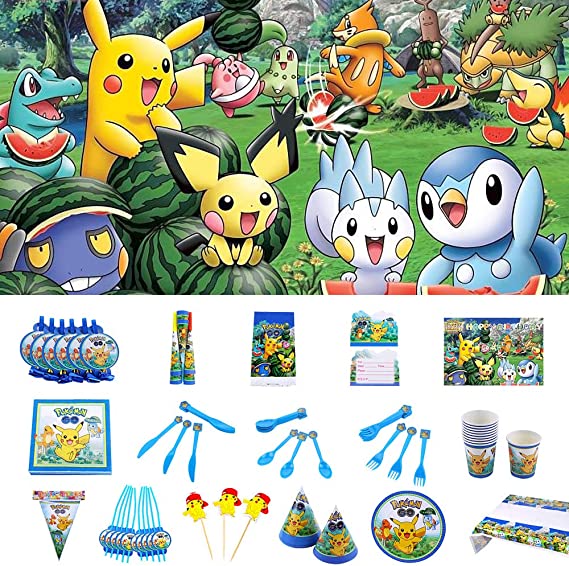 Nidezon Pokemon Birthday Party Supplies Pack, Baby Show Decor 160 Pieces For 10 Guests With Plates, Napkins, Table cover, Cups, backdrop, table cloth,invitation card-Serves 10 Guest