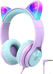 iClever Casque Audio Enfant, Oreilles de Chat Lumineuses LED, Volume Limité à 94dB, Port partagé, pour Enfants/Ecole/iPad/Tablette Voyage