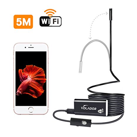 VOLADOR 16.5ft WiFi Endoscope, 2.0MP HD Wireless Inspection Camera, 8mm Semi-Rigid Borescope Flexible Waterproof Snake Camera for iOS and Android Smartphones, Tablets, Laptop, Windows