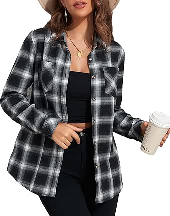 Deer Lady Plaid Flannel Shirts for Women Buffalo Plaid Shirts Oversized Long Sleeve Casual Button Down Blouse Top