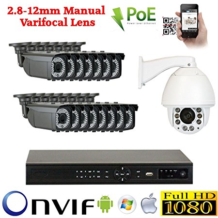 16 Channel 1080P IP Outdoor / Indoor NVR Security Camera System with 15 x 1080P IP PoE 2.8-12mm Varifocal 180FT IR Bullet Cameras   1 x 1080P Auto Tracking IP PTZ 20X Optical Zoom Camera   1 x 16 Ports PoE Switch   Pre-installed 4TB Hard Drive