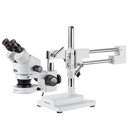 AmScope SM-4BZ-80S Professional Binocular Stereo Zoom Microscope, WH10x Eyepieces, 3.5X-90X Magnification, 0.7X-4.5X Zoom Objective, 80-Bulb LED Ring Light, Double-Arm Boom Stand, 90V-265V, Includes 0.5x and 2.0x Barlow Lenses