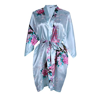 Elite99 Women's Sexy Robes Peacock and Blossoms Kimono Satin Nightwear Mini Dress