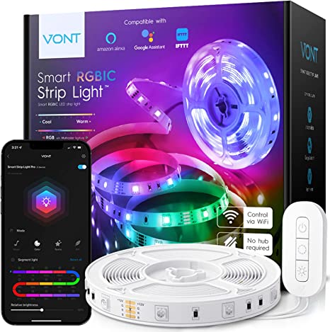 Vont RGBIC Strip Lights, Smart LED Color Changing Strips, Segmented Lighting Compatible w/ Alexa & Google, Music Sync & DIY Mode, 30  Scenes, 16 Million Colors, Home, Room, Bedroom, Party (16.4 ft)