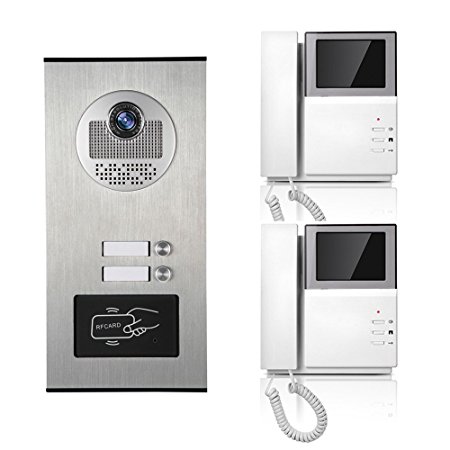 Apartment Wired Video Door Phone 4.3 Inch Monitor Audio Visual Intercom Entry Access System RFID HID ID Card 2 Units