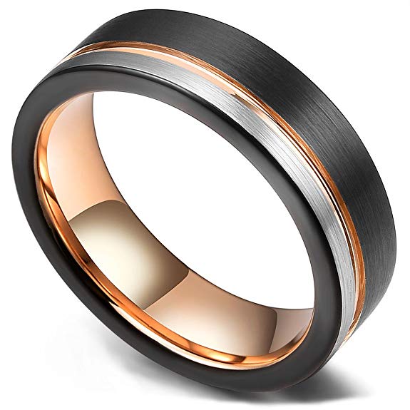 King Will Loop Tungsten Carbide Wedding Band 6mm/8mm Rose Gold Line Ring Black and Silver Brushed Comfort Fit