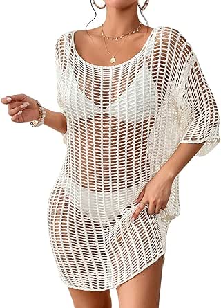 Bsubseach Womens Crochet Cover Up Hollow Out Knitted Beach Swimwear Cover Ups Dress