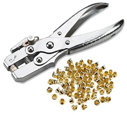 Eyelet Grommet Pliers Setting, Steel Hole Punch Eyelet Setter Kit - For Leather, Canvas, All Fabrics Men & Women Clothes, Shoes, Belts, Bags, Crafts - 100 Free Gold eyelets/grommets - By Katzco