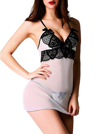 Avidlove Gauze Babydoll Lace Splicing Straps Hollow Out Lingerie and G-String Set