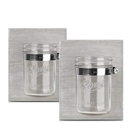 HOMKO Farmhouse Mason Jar Candle Lanterns - Wall Hanging Mason Jar Decorative Accessories Set for Country, Western, Vintage, and Outhouse Style (Set of 2)