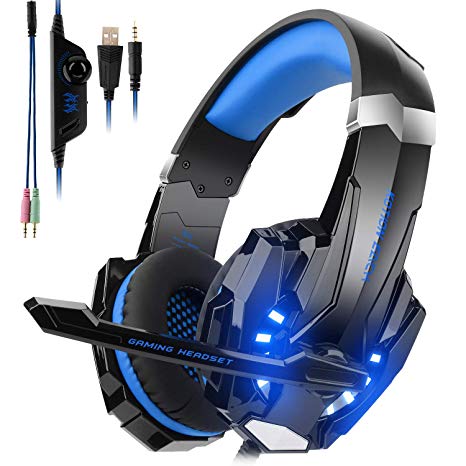 Gaming Headset fit PS4, Xbox One, PC, CASFANSTA Playstation 4 Headphones Have Noise Cancelling Mic, Cool LED Light (Blue)