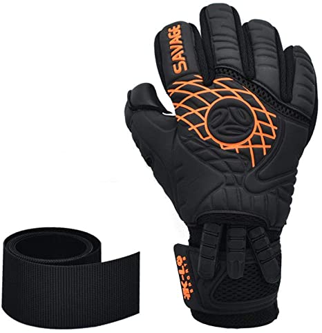 K-LO Fingersave Goalkeeper-Soccer Goalie Gloves- Savage Blackout-Professional Extra Precision Grip, German Latex Build-Negative Cut, Inside Silicone Gel, Non-Slip-Youth-Kids   Adult Sizes-Black
