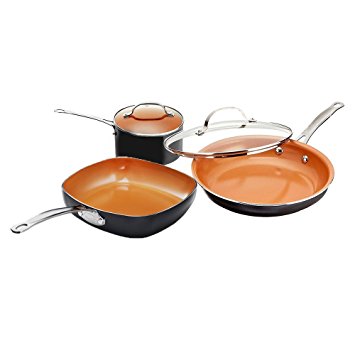 Gotham Steel 5 Piece Kitchen Essentials Set with Nonstick Ti-Cerama Copper Coating Includes Square Multi Use Pan, 2 qt. Pot and 11” Fry Pan with Lid