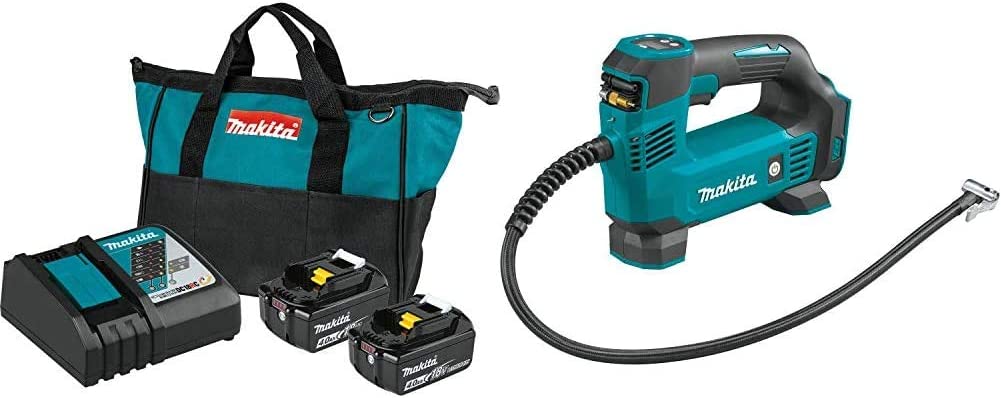 Makita BL1840BDC2 18V LXT Lithium-Ion Battery and Rapid Optimum Charger Starter Pack (4.0Ah) with DMP180ZX 18V LXT Lithium-Ion Cordless Inflator