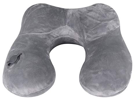 NVTED Inflatable Travel Neck Pillow, Soft Foldable Velvet Travel Support Pillows for Sleeping on Airplane, Car, and Train (Grey)