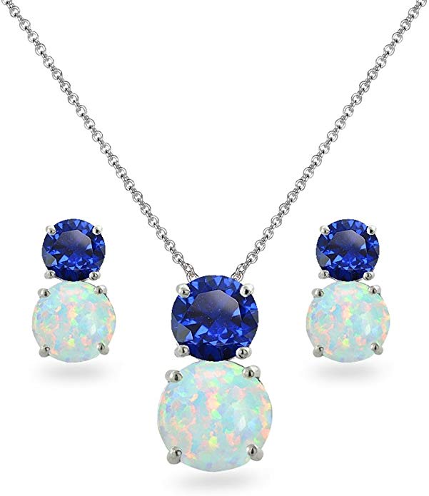 Sterling Silver Genuine, Simulated or Created Gem & Simulated Opal Double Round Stud Earrings & Necklace Set
