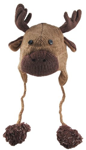 DeLux Moose Face Wool Pilot Animal Cap/Hat with Ear Flaps and Poms,Brown,One Size(S)