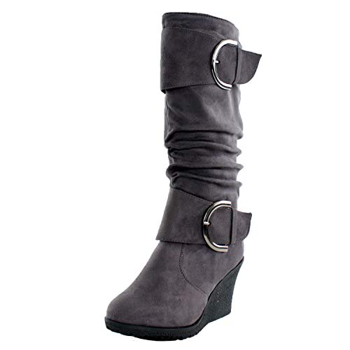 Top Moda Pure-65 Womens Buckle Slouch Wedge Boots