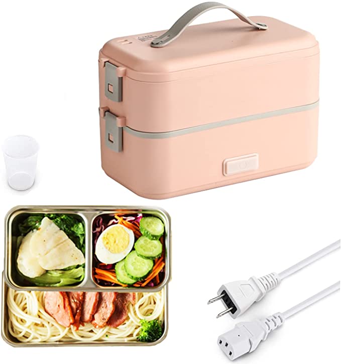 Electric Heated Lunch Box For Women, 110v Portable Microwave Food Warmer,Double-layer Removable 304 Stainless Steel Container, Easy to carry,Use for Home Office School Travel(Pink)