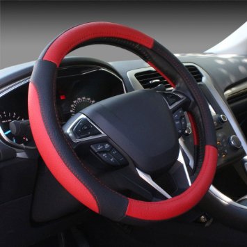 SEG Direct Black and Red Microfiber Leather Auto Car Steering Wheel Cover Universal 15 inch