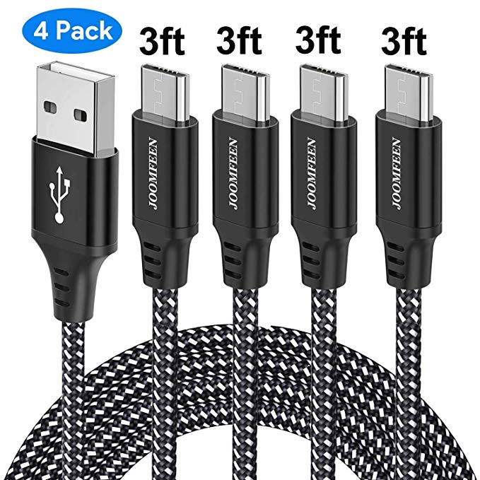 Micro USB Cable, JOOMFEEN [4 Pack 3FT] Micro USB Charging Cord Android Charger Nylon Braided Fast Sync & Charging USB Cable Samsung, LG, Nexus, HTC, Motorola, Kindle, PS4, Xbox (Black/Silver)