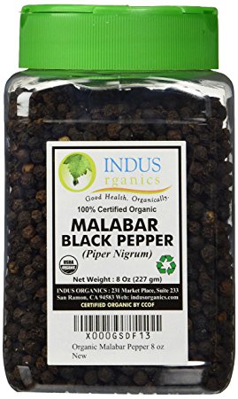 Indus Organics Malabar Black Peppercorns, Premium Grade, High Purity, Freshly Packed, 8 Ounce