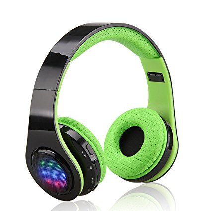 Excelvan Folding Wireless Bluetooth LED Stereo Headphones Adjustable Headsets, FM Radio/ TF Card for iPhone All Android Smartphones PC Laptop MP3/MP4 Tablet Earphones,Green